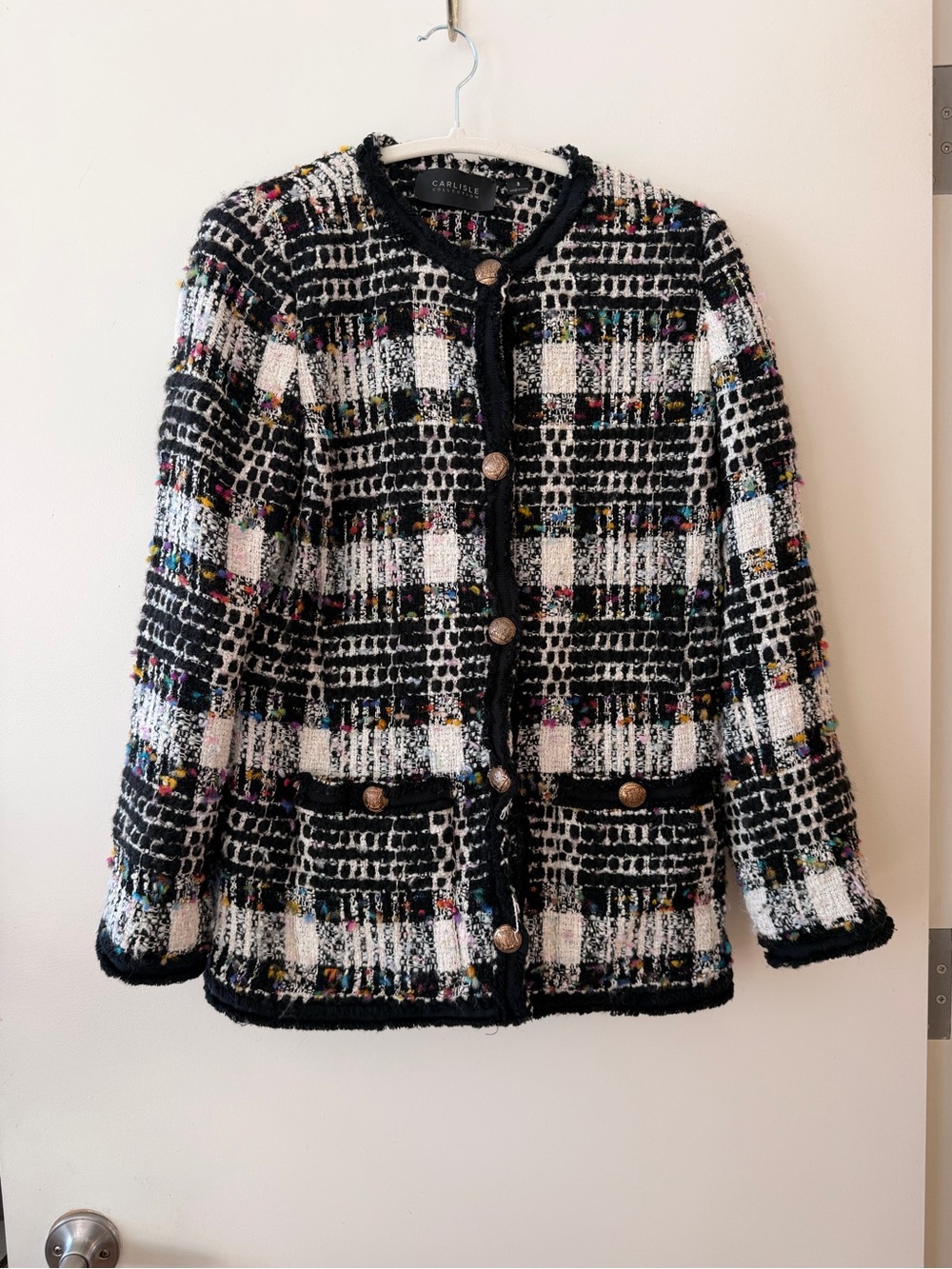 $300 Carlisle Black and White Tweed Plaid Blazer Jacket with Multicolor Accents